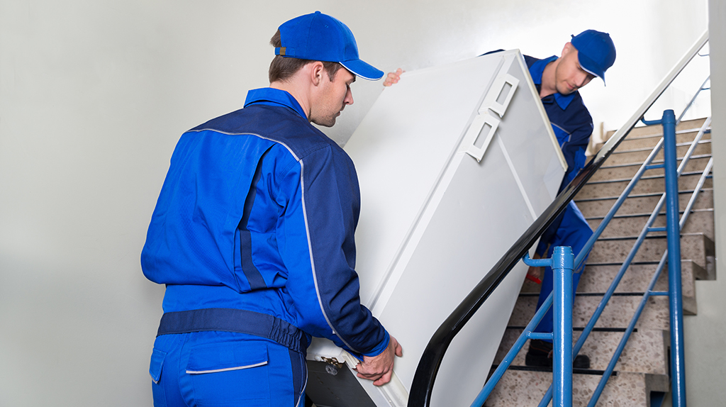 Two movers carefully move a fridge up a flight of stairs in a customer’s home.