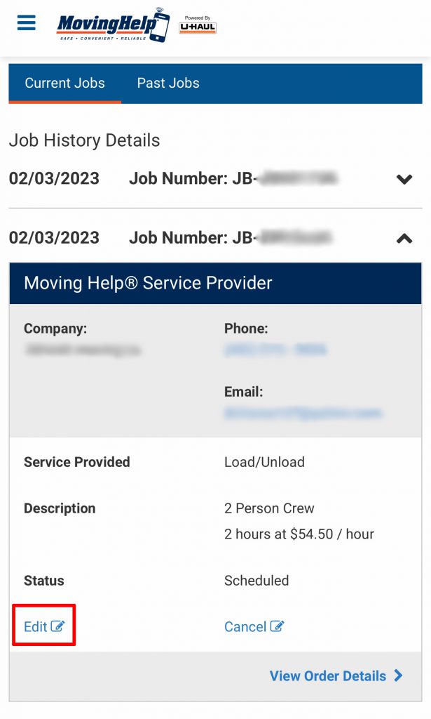 A screenshot showing how to edit your Moving Help order when trying to add hours.
