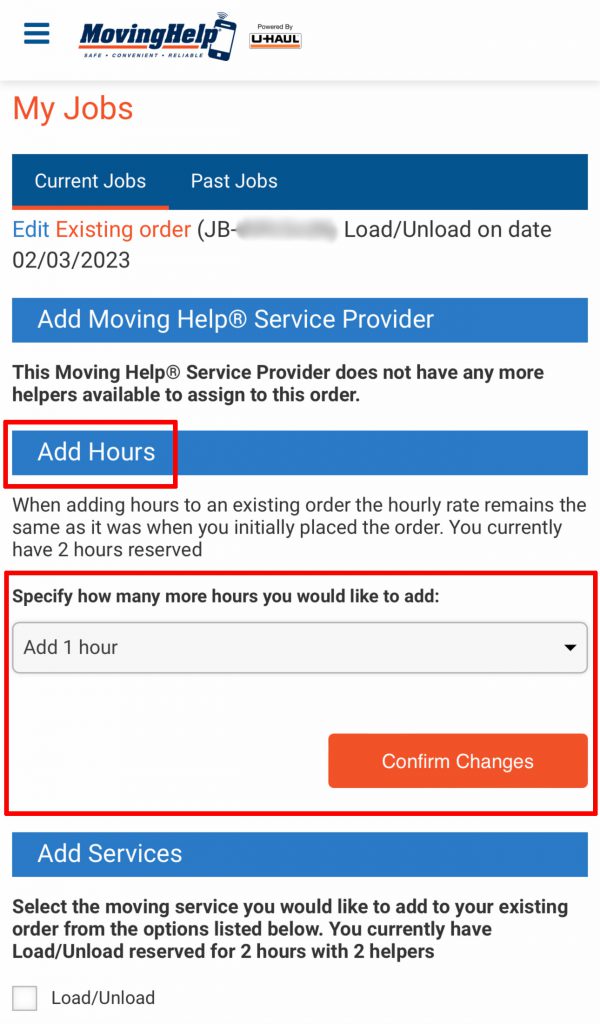 A screenshot showing where to find the “Add Hours” section to add more hours to your Moving Help order.