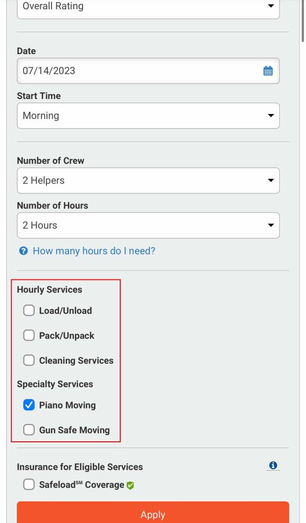 Once you enter your information, deselect the Load/Unload option and select the Piano Moving option to find piano movers.