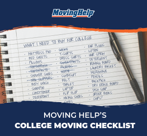 An infographic shows some of the items that are included on the Moving Help College Moving Checklist such as bed sheets, lotion, and flip flops.