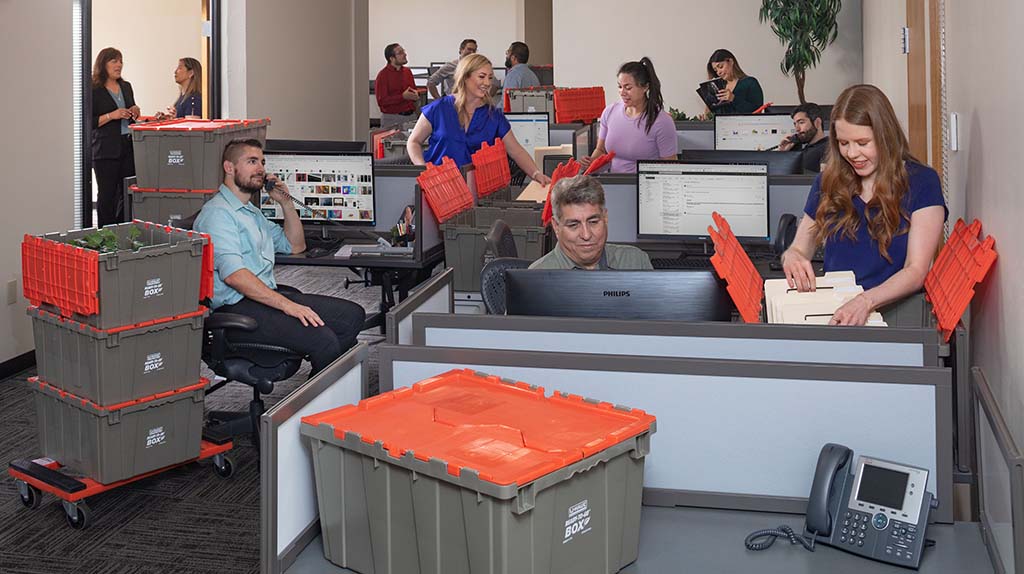 Office employees begin to pack up their office as they get ready for their upcoming office move.