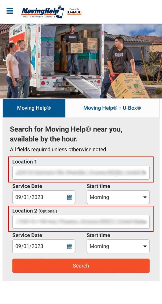 A screenshot shows the Moving Help homepage. By entering your information into the boxes, you can find professional moving labor on the Moving Help Marketplace who service your address.