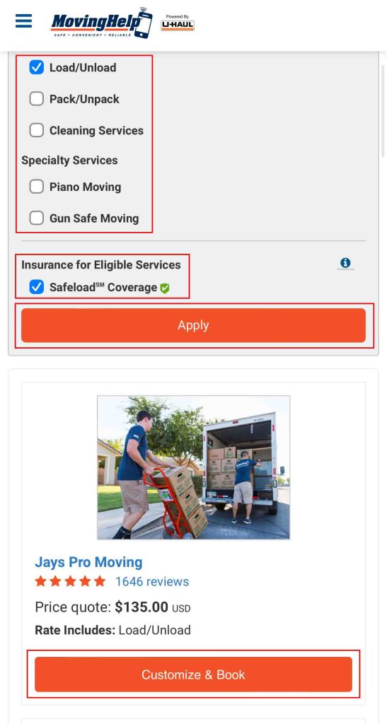 A screenshot shows the Moving Help results page. On the results page, you can filter your move through services you need or how to organize Service Providers, such as overall rating or lowest to highest price. Then you can click on a local mover’s profile to learn more about them and their reviews.