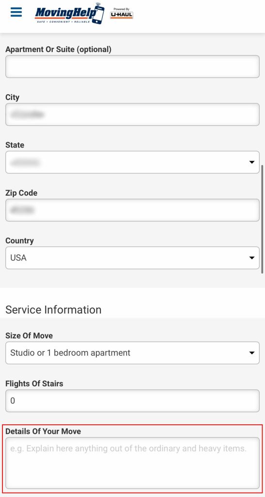 A screenshot shows the Service Information section and part of the Address Details section. You can explain your specific needs about your move, especially if you need help loading or unloading your storage unit.
