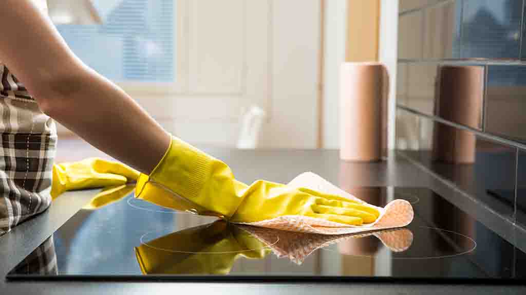 A Moving Help provider wipes a stovetop clean for a customer after helping them load their belongings out of their apartment.