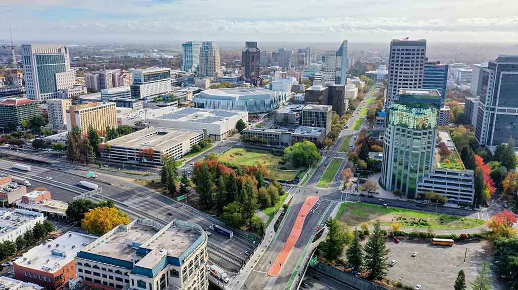 Downtown Sacramento near the Capitol district can be seen in this aerial shot.