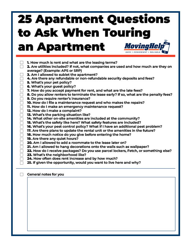 The Moving Help PDF shows 25 apartment questions to ask when touring an apartment along with a blank space for your own notes.