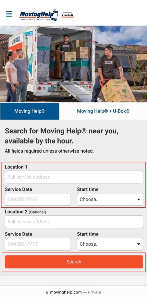 The screenshot shows the homepage of MovingHelp.com. On the screenshot, Location 1, Service Date, and Start Time are highlighted with a red box, and the Search button is highlighted in a second red box.