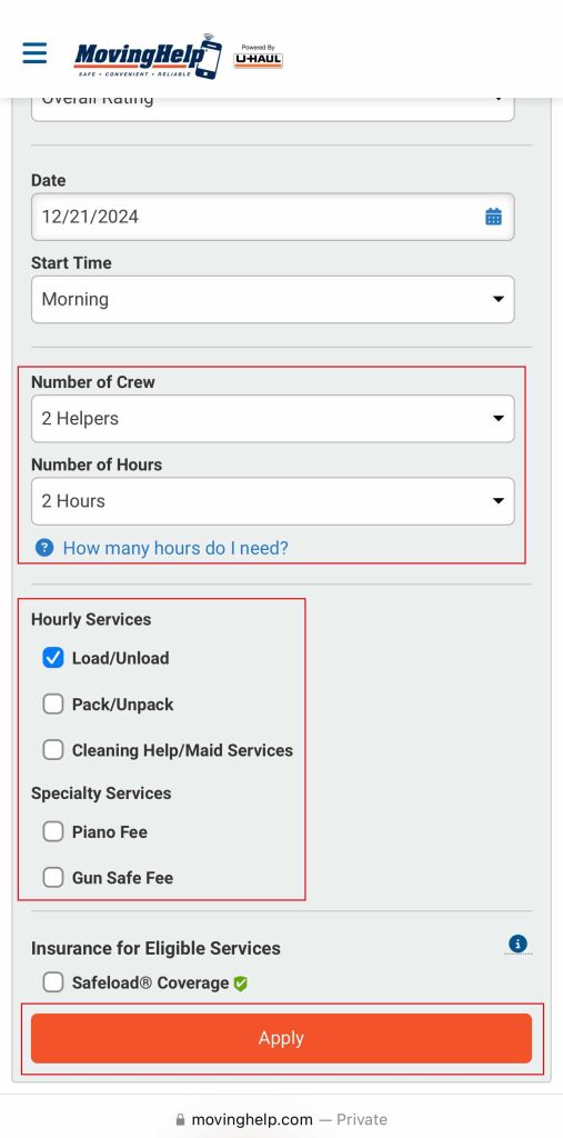 The screenshot shows the results page of MovingHelp.com. On the screenshot, the Number of Crew and Number of hours are highlighted with a red box. The Hourly Services and Specialty Services are highlighted in a second red box, and the Apply button is highlighted in a third red box.