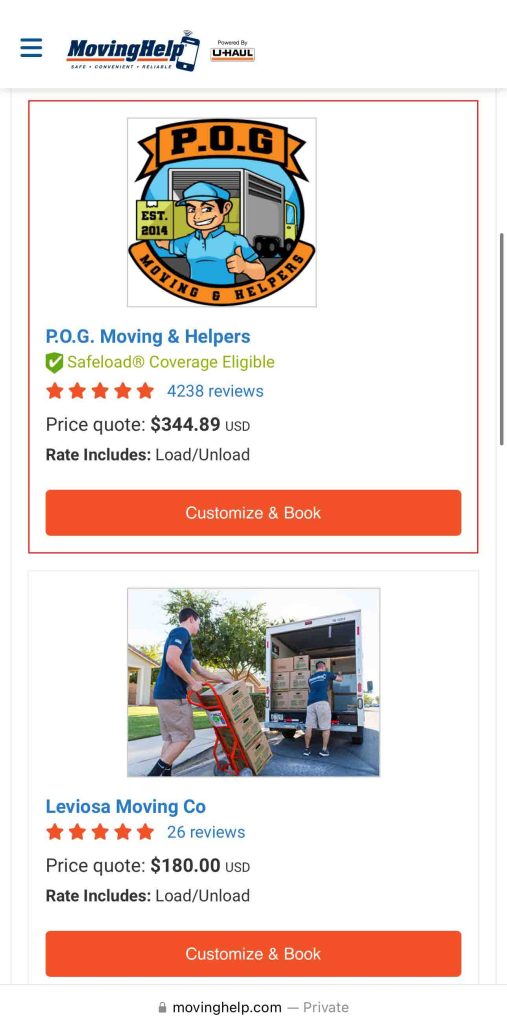 The screenshot shows two different Service Providers on the results page for a customer to learn more about for their move. On the screenshot, one of the providers is highlighted with a red box.