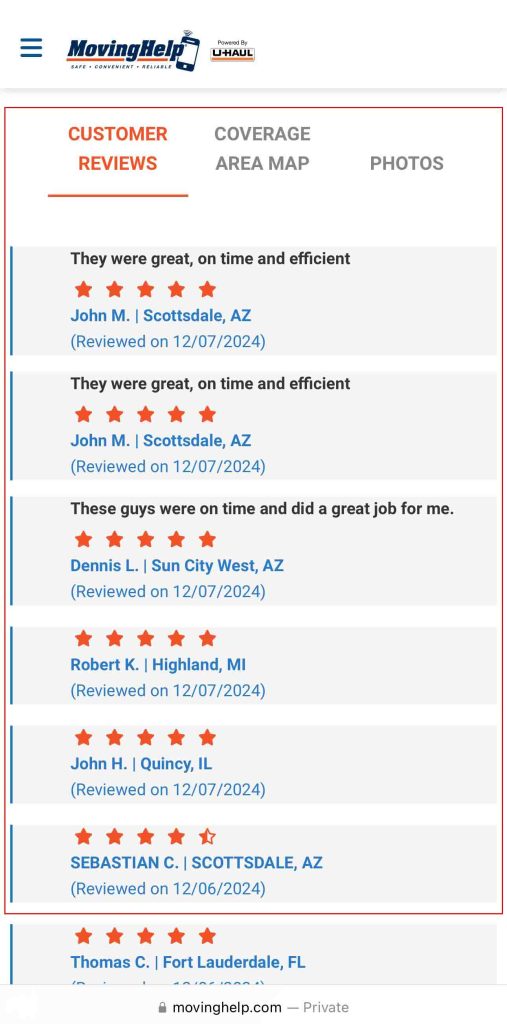 The screenshot shows reviews for a Moving Helper that a customer can read. On the screenshot, the reviews are highlighted with a red box.