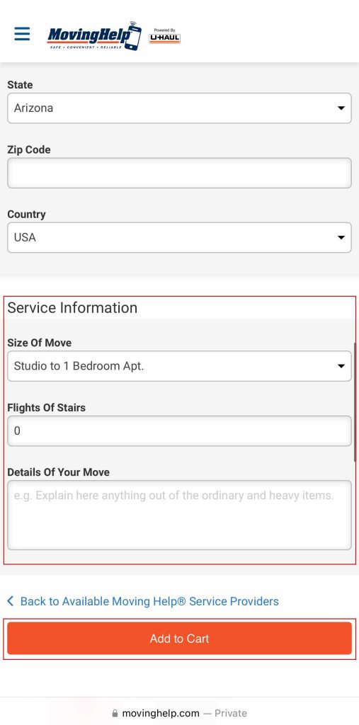 The screenshot shows the Service Information section and part of the Address Details section. On the screenshot, the Service Information section is highlighted with a red box, and the Add to Cart button is highlighted in a second red box.
