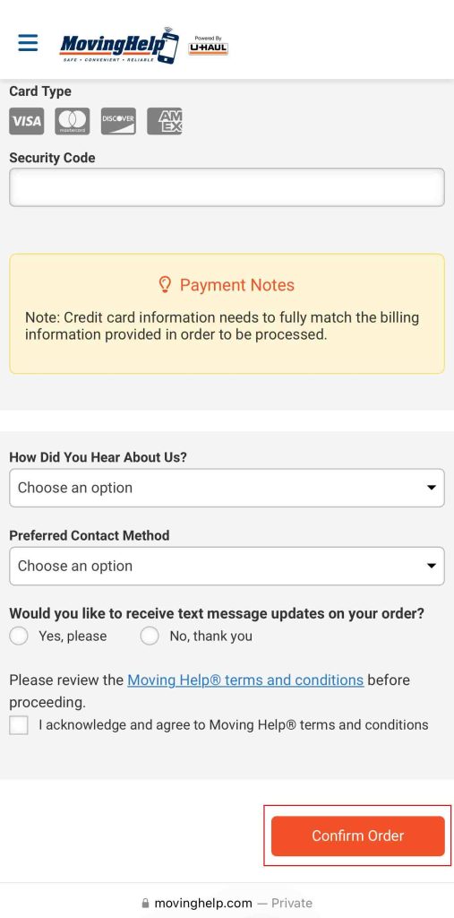 The screenshot shows the Confirm Order button and part of the Payment Information section. On the screenshot, the Confirm Order button is highlighted with a red box.