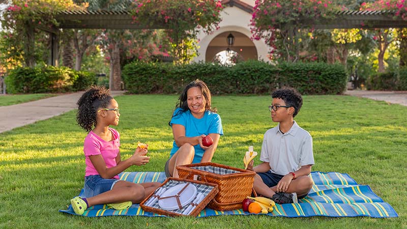 A mother has a picnic with her son and daughter in the backyard of the family’s house.