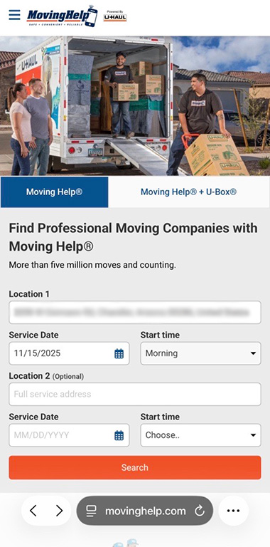 A screenshot shows the Moving Help homepage on MovingHelp.com with Location 1 on the form filled out.