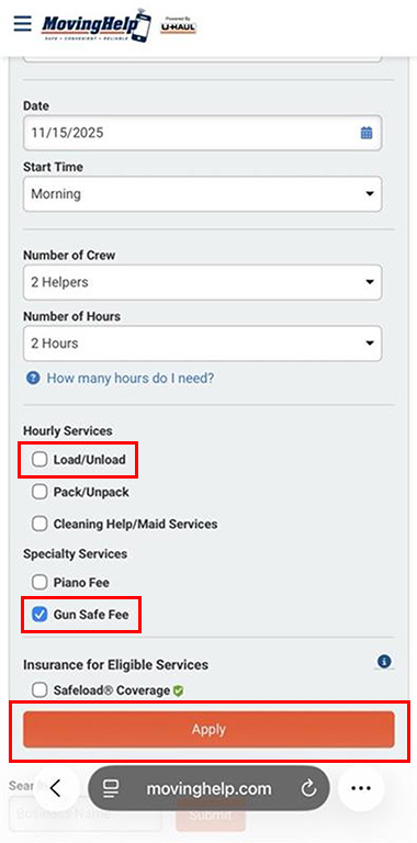 A screenshot shows the “Load/Unload” box unchecked with a red box to highlight it, and the “Gun Safe Fee” box checked with a red box to highlight it, and the “Apply” button has a red box highlighting it.