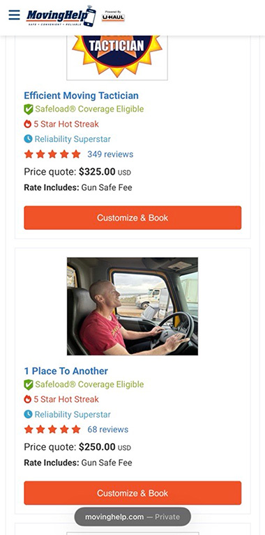 A screenshot Service Providers who offer specifically gun safe moving services.