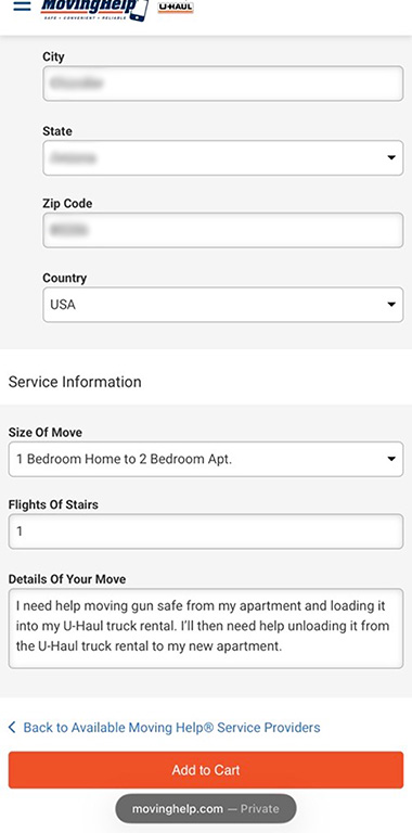 A screenshot shows a customer filling out their information that’ll help their provider before adding it to their cart.