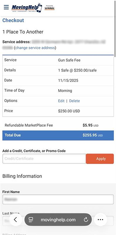 A screenshot shows the service address, details of the job, total price, and other information.