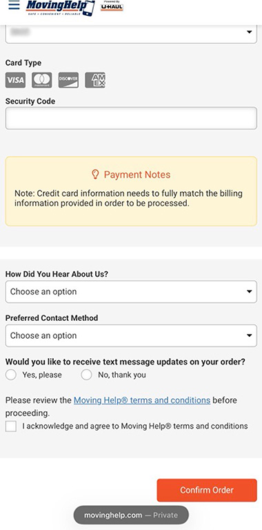 A screenshot shows the part of the credit card information boxes, additional questions, and the “Confirm Order” button.