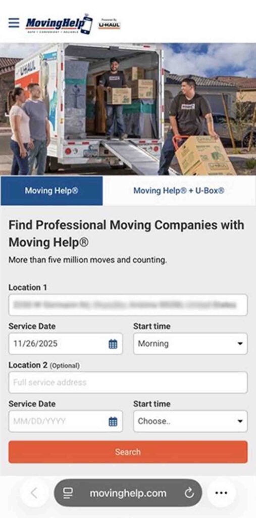 A screenshot shows the Moving Help homepage on MovingHelp.com with Location 1 on the form filled out.