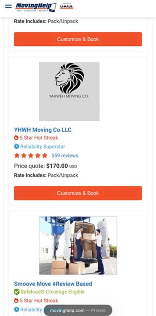 A screenshot shows Service Providers who offer specifically unpacking moving services.