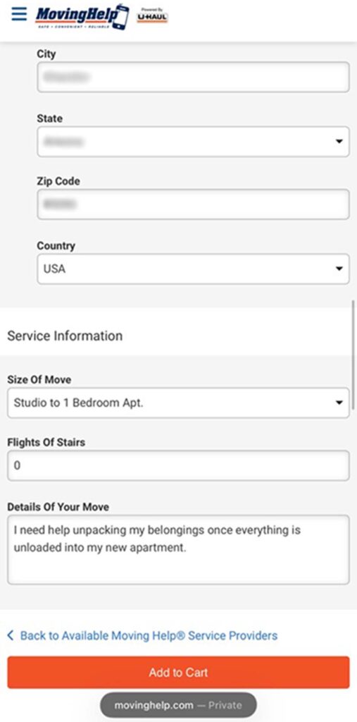 A screenshot shows a customer filling out their information that’ll help their provider before adding it to their cart.