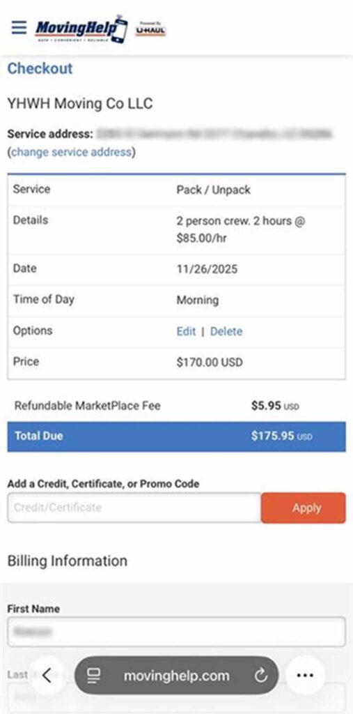 A screenshot shows the service address, details of the job, total price, and other information.