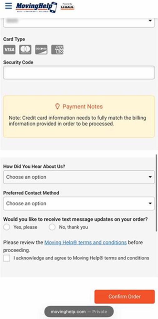 A screenshot shows the part of the credit card information boxes, additional questions, and the “Confirm Order” button.