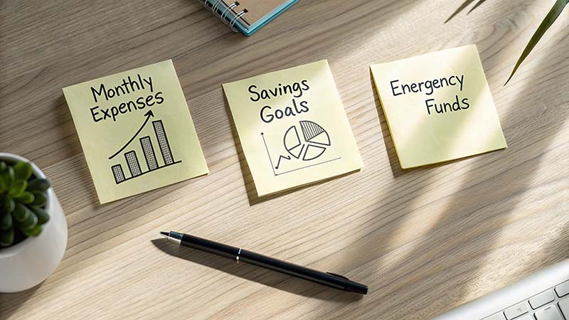 Three sticky notes rest on a table. From left to right, the sticky notes read, “Monthly Expenses” with an arrow and bar chart underneath it, “Savings Goal” with a pie chart underneath it, and “Emergency Funds.”