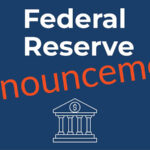 An illustration with the words “Federal Reserve Announcement” is written on the graphic. A vector image of the Federal Reserve building with a dollar sign toward the top is outlined in a white stroke.