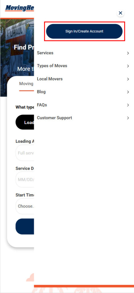 A screenshot on MovingHelp.com shows the “Sign In/Create Account” button highlighted with a red square for users to click on this button.