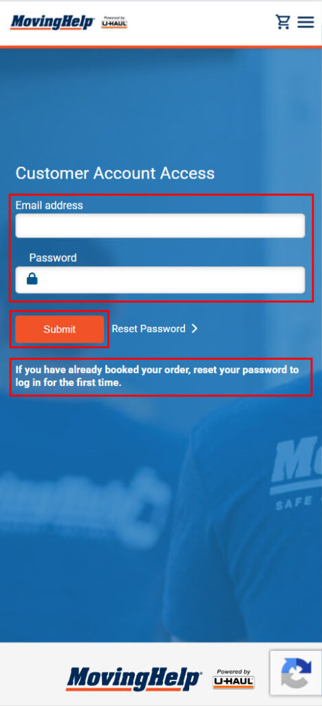 A screenshot on MovingHelp.com shows the “email address” box, “Password” box, “Submit” button, and a sentence of text highlighted by red squares for users to read, type their information, and click on the button to log into their own account.