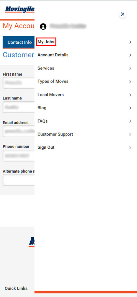 A screenshot on MovingHelp.com shows the “My Jobs” section highlighted with a red square for users to click on this section, so they can eventually obtain their Moving Help receipt.