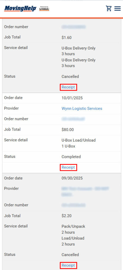 A screenshot on MovingHelp.com shows all three “Receipt” texts highlighted with a red square for user to click on this link to obtain their Moving Help receipt.